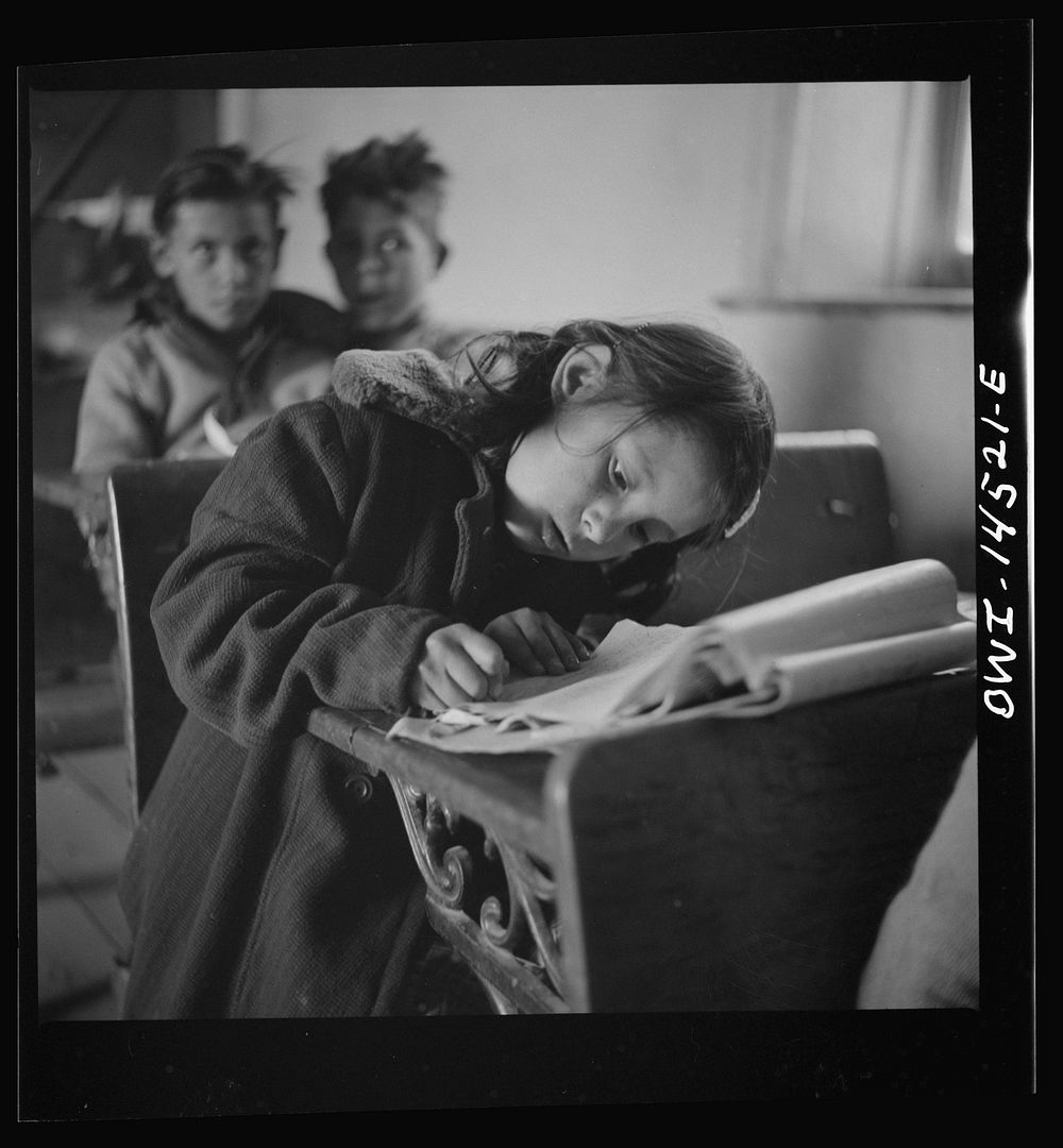 Ojo Sarco, New Mexico. One-room school in an isolated mountainous Spanish-American community, which has eight grades and two…