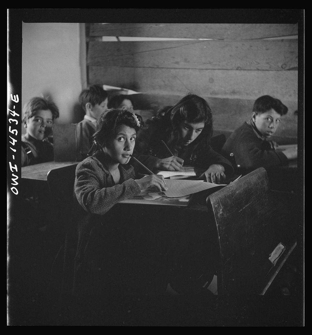 Ojo Sarco, New Mexico. One-room school in an isolated mountainous Spanish-American community, which has eight grades and two…