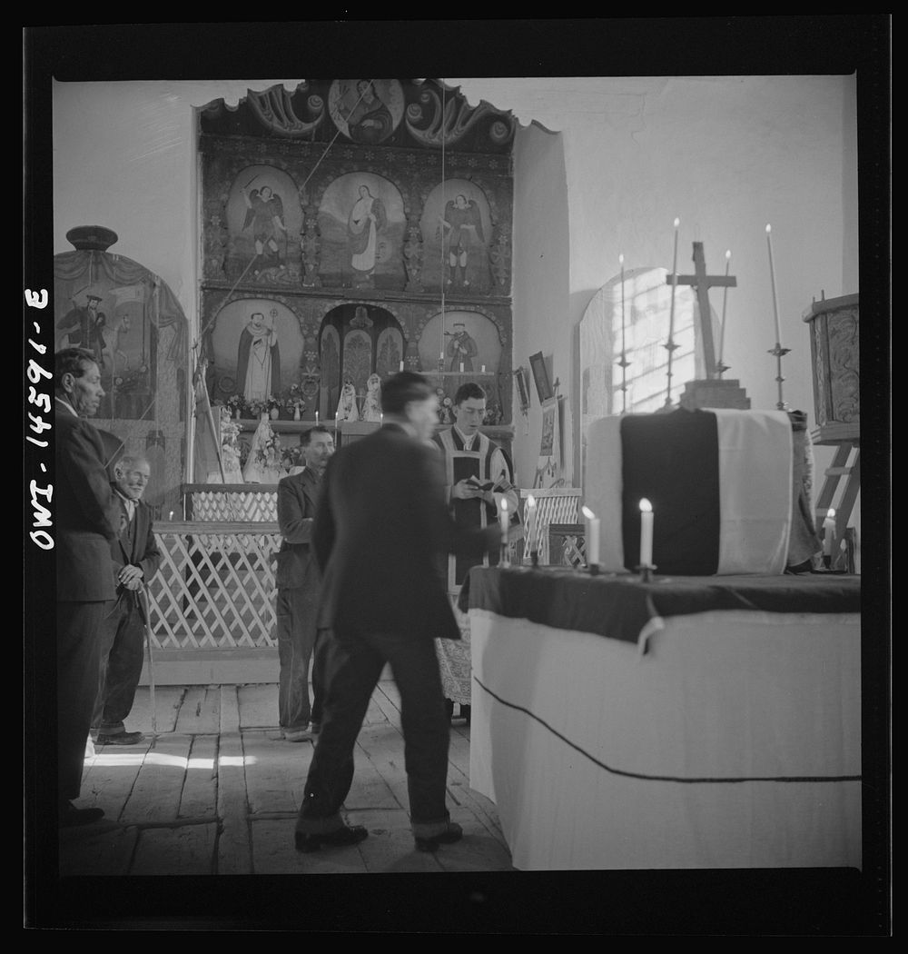 [Untitled photo, possibly related to: Trampas, New Mexico. Main altar in a church which was built in 1700 and is the best…