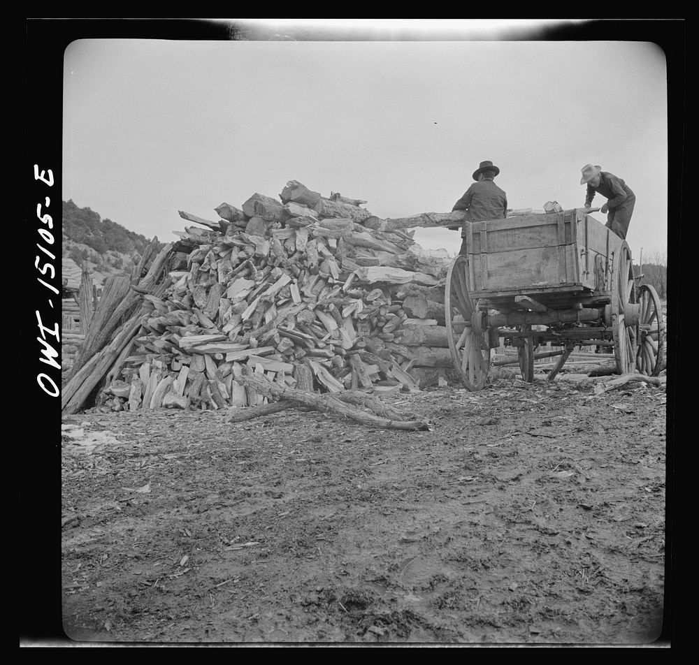 Trampas, New Mexico. Juan Lopez, the majordomo (mayor), and his son unloading wood. Sourced from the Library of Congress.