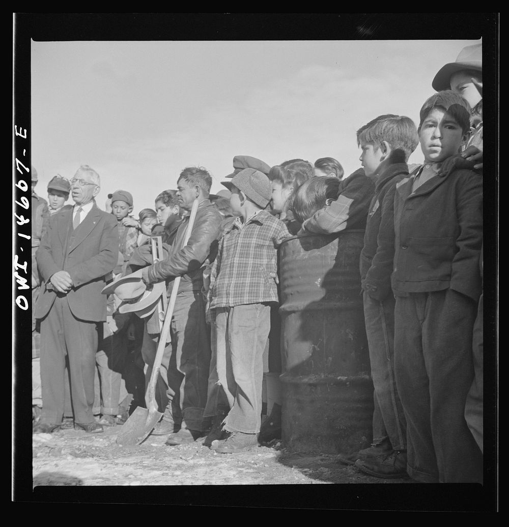 Penasco, New Mexico. Justice of the peace making a speech "in the grand manner" at the dedication of the new building for…