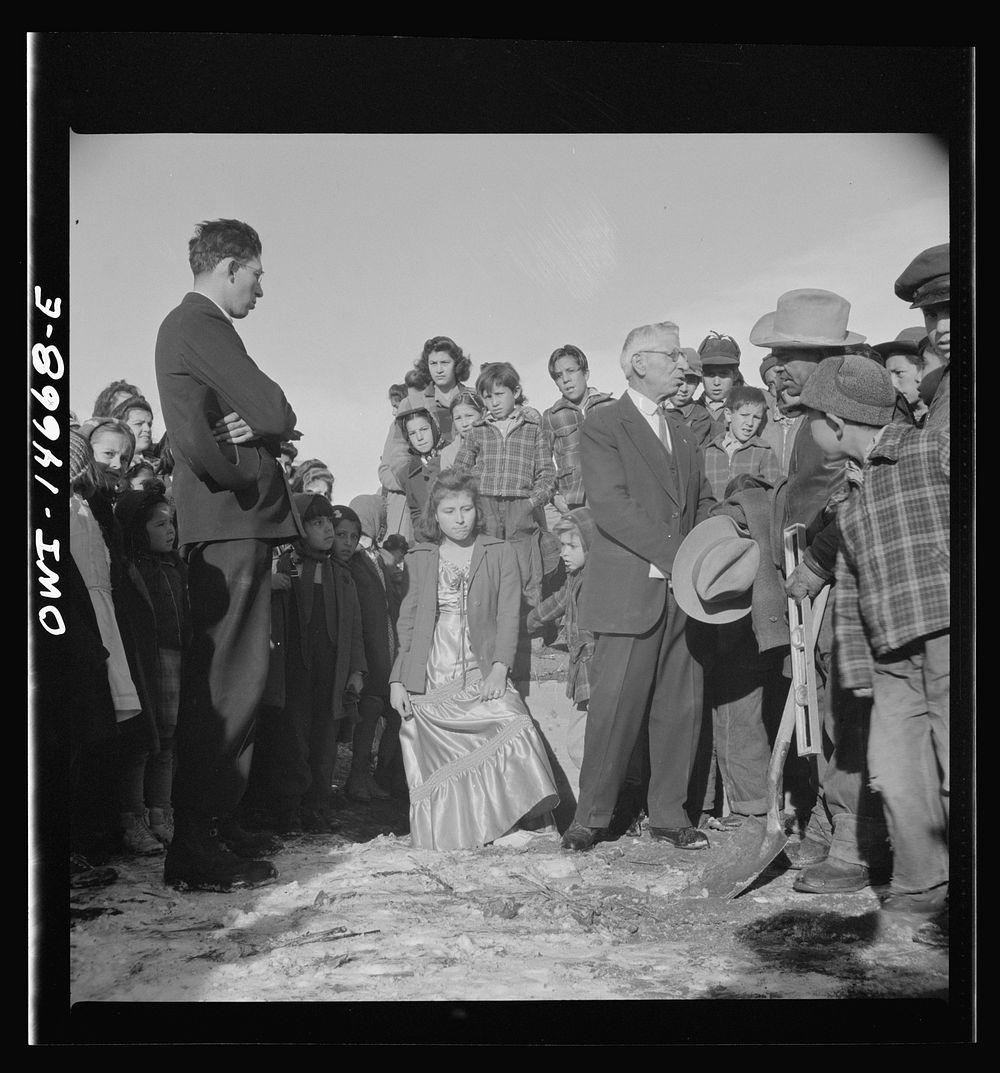 [Untitled photo, possibly related to: Penasco, New Mexico. Justice of the peace making a speech "in the grand manner" at the…