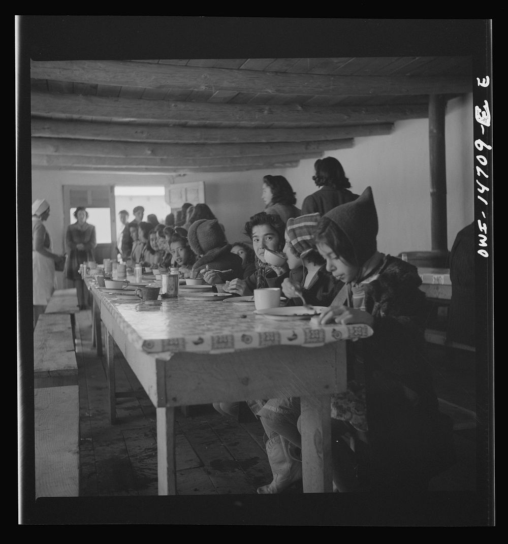 [Untitled photo, possibly related to: Penasco, New Mexico. A grade school student eating a hot lunch]. Sourced from the…