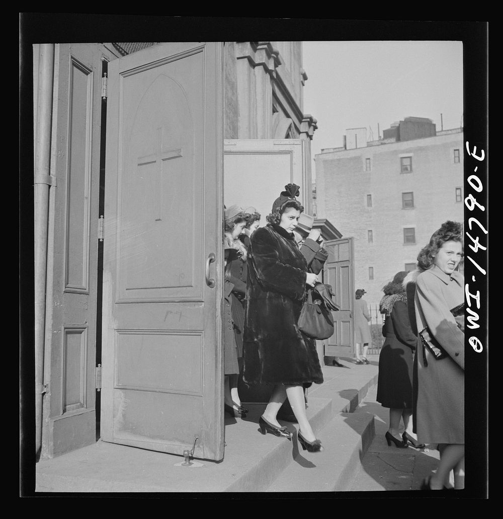 [Untitled photo, possibly related to: New York, New York. Italian-Americans leaving Saint Patrick's church on Mulberry…