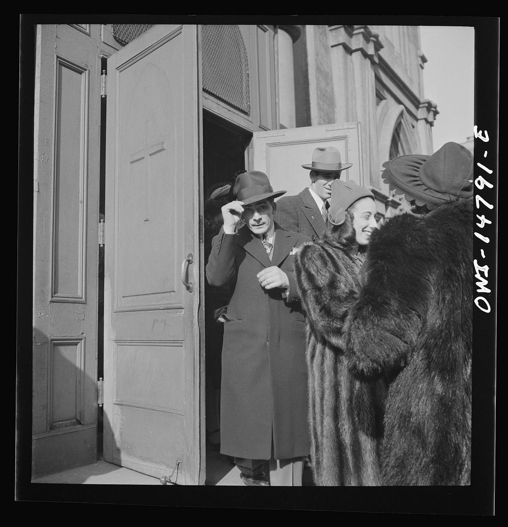 [Untitled photo, possibly related to: New York, New York. Italian-Americans leaving Saint Patrick's church on Mulberry…