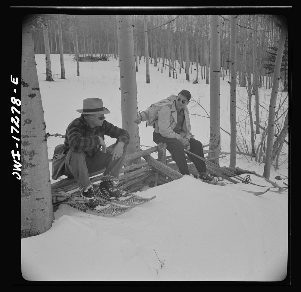 Rangers going to measure snow on the Sangre de Cristo Mountains above Penasco, New Mexico. Sourced from the Library of…