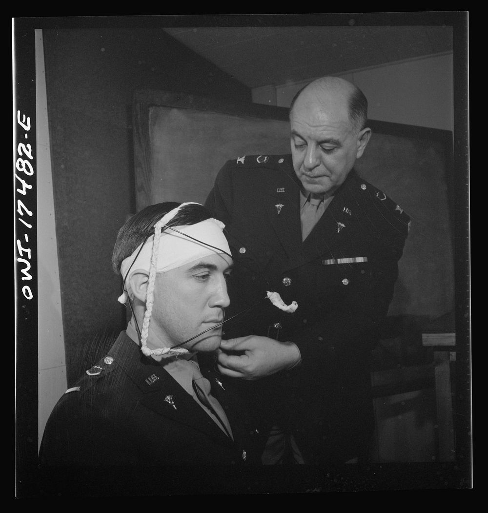 Carlisle, Pennsylvania. U.S. Army medical field service school. Demonstration of the treatment for a broken jaw to Army…