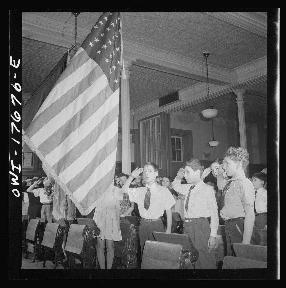 New York, New York students pledging allegiance to the flag in public school eight in an Italian-American section. Sourced…