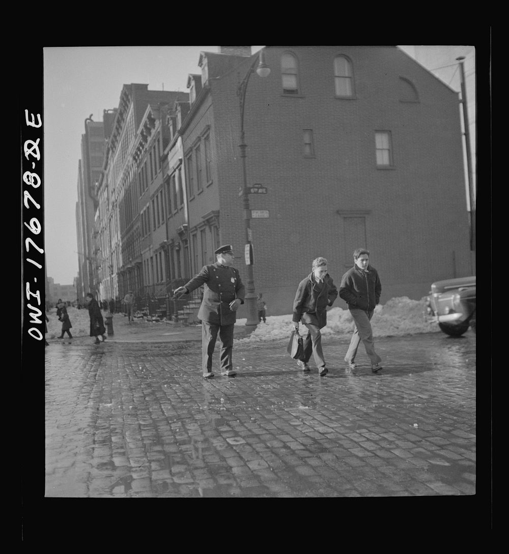 New York, New York students crossing the street after leaving public school eight in an Italian-American section. Sourced…