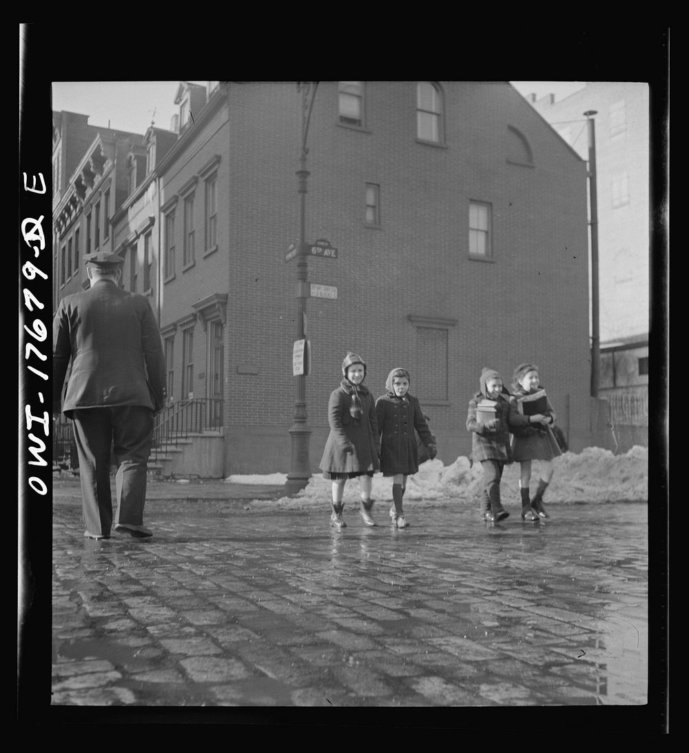 New York, New York students crossing the street after leaving public school eight in an Italian-American section. Sourced…
