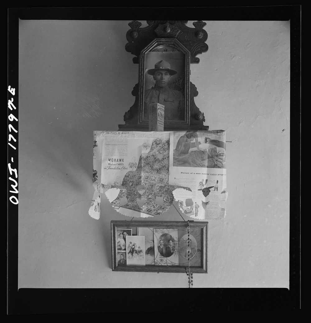Trampas, New Mexico. Photographs on the wall of Grandfather Romero's bedroom, in the house of Mayor Juan Lopez. Sourced from…