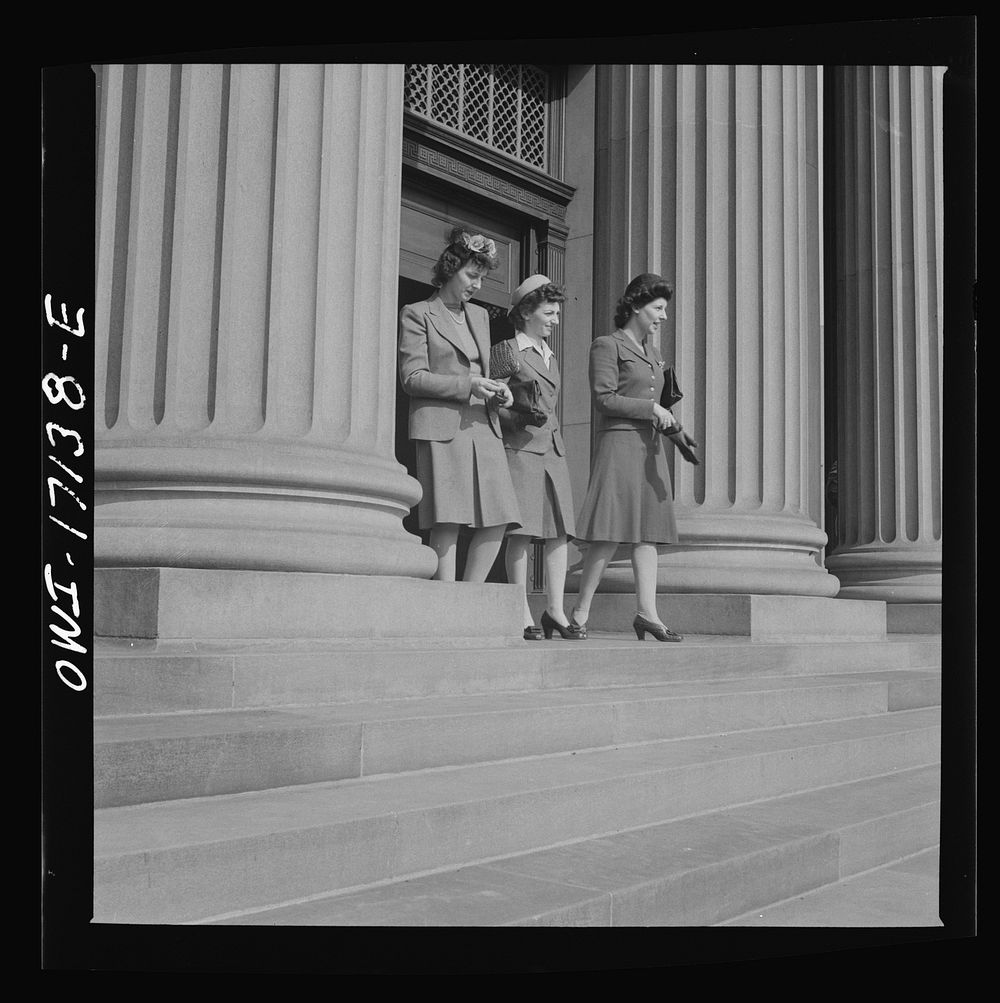 Washington, D.C. Girls employed by the U.S. Office for Emergency Management (OEM) coming out of church. Sourced from the…