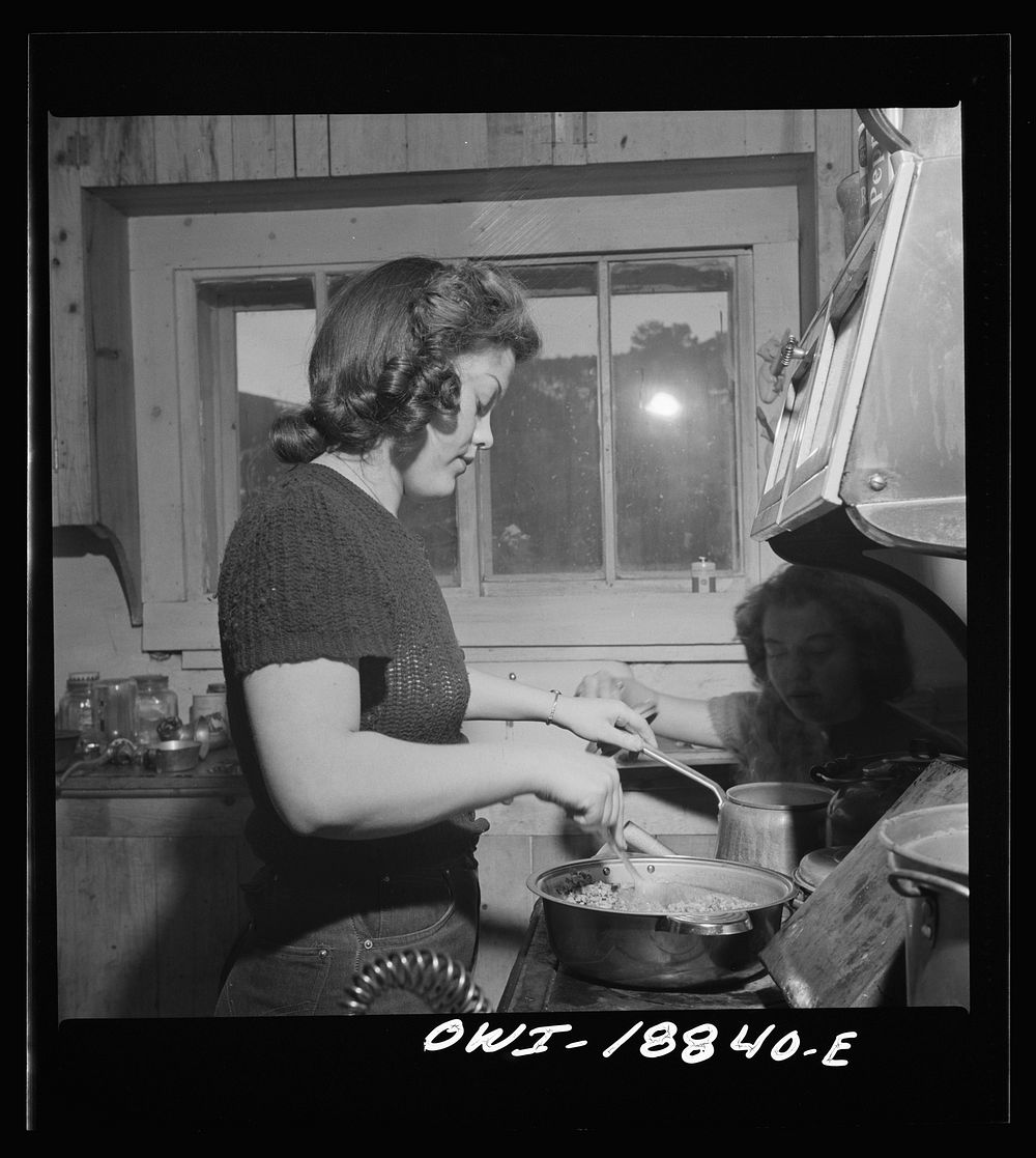 [Untitled photo, possibly related to: Moreno Valley, Colfax County, New Mexico. The older daughter preparing dinner on…