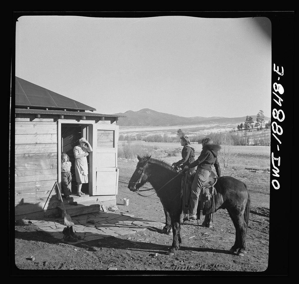 Moreno Valley, Colfax County, New Mexico. George Mutz's daughters calling on a nearby ranch. Sourced from the Library of…