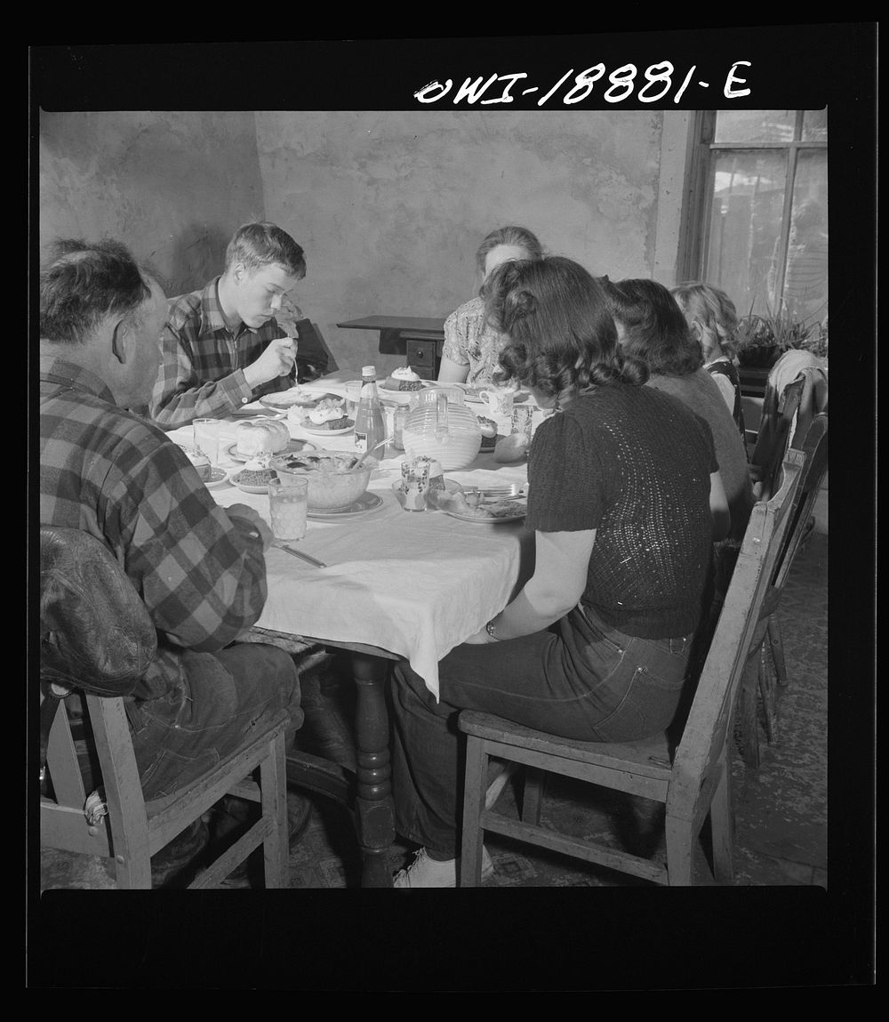 [Untitled photo, possibly related to: Moreno Valley, Colfax County, New Mexico. The Mutz family at dinner]. Sourced from the…