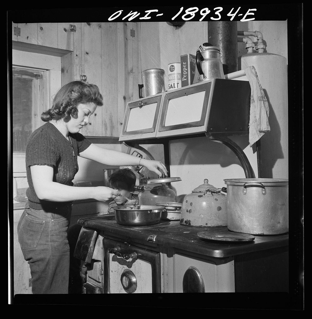 Moreno Valley, Colfax County, New Mexico. The older daughter preparing dinner on George Mutz's farm. Sourced from the…