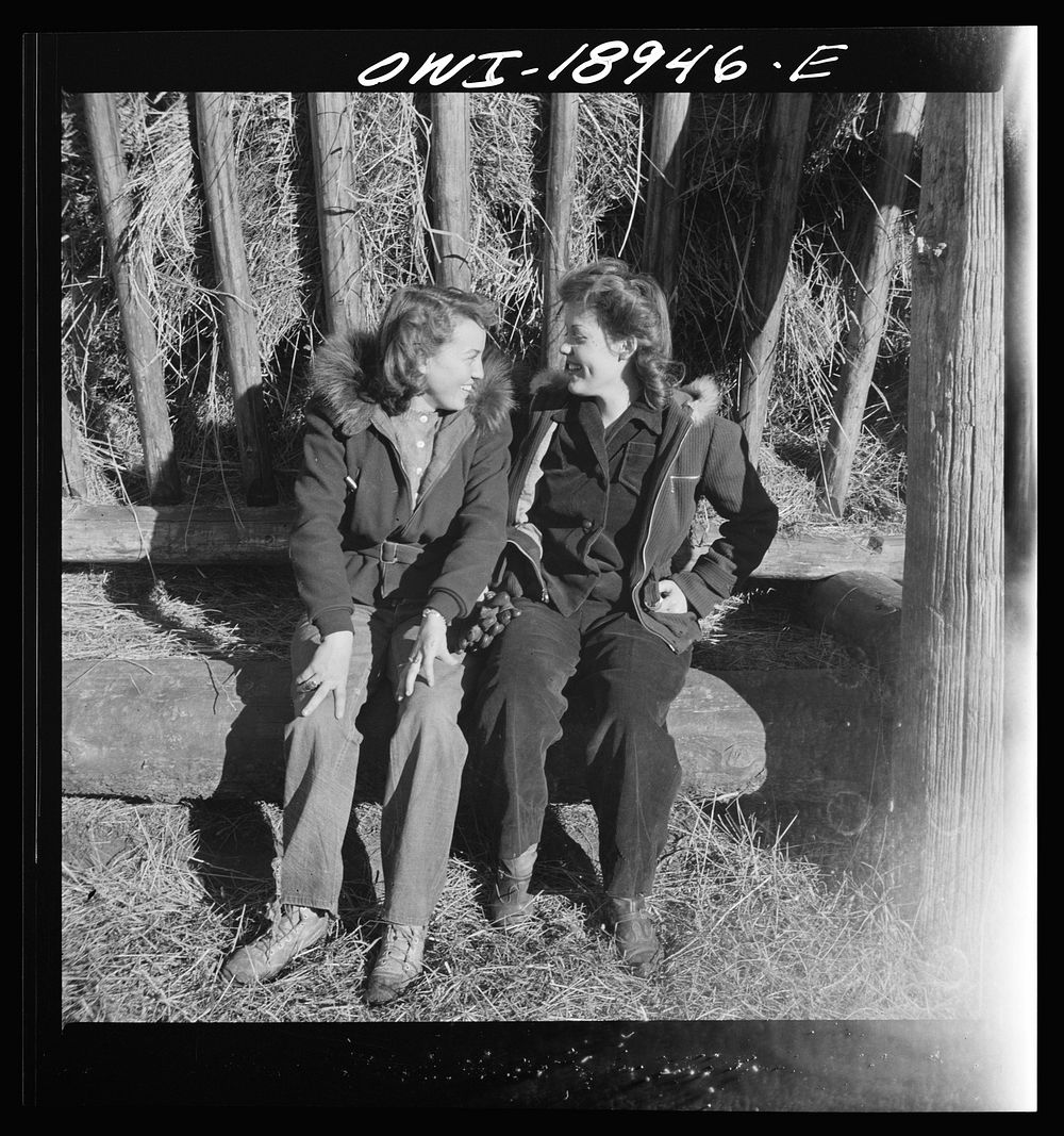 Moreno Valley, Colfax County, New Mexico. The Mutz girls talking in the home corral on George Mutz's farm. Sourced from the…