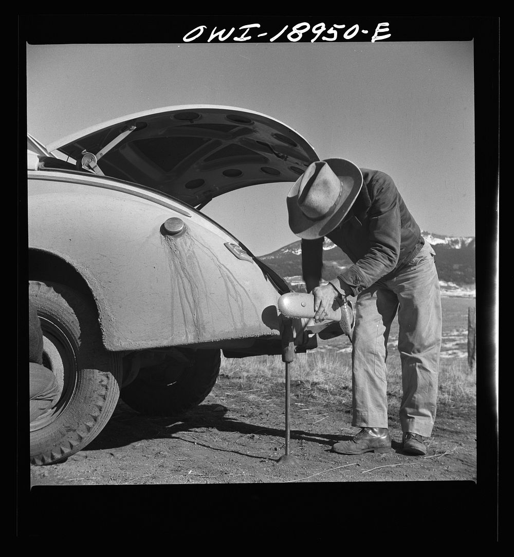 [Untitled photo, possibly related to: Moreno Valley, Colfax County, New Mexico. George Turner changing a tire]. Sourced from…