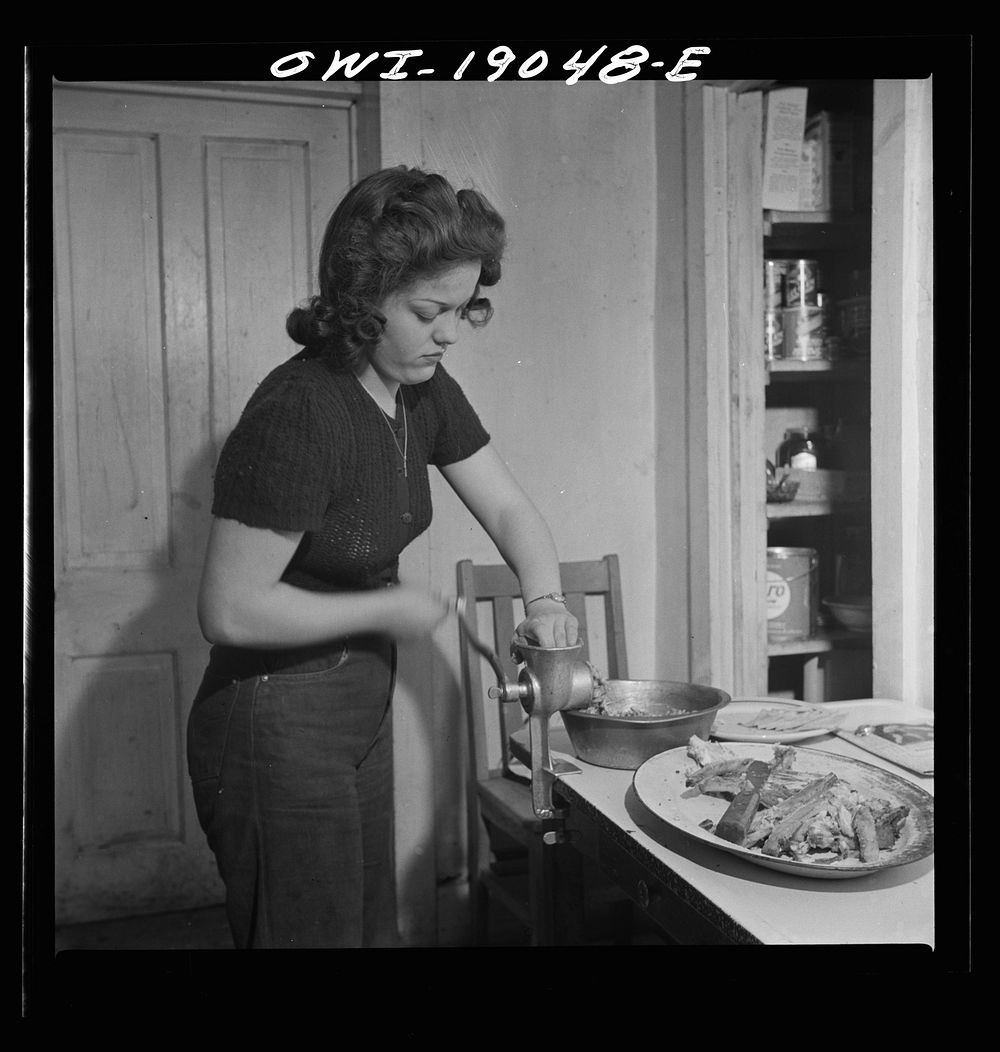 Moreno Valley, Colfax County, New Mexico. George Mutz's daughter grinding meat on the ranch. Sourced from the Library of…