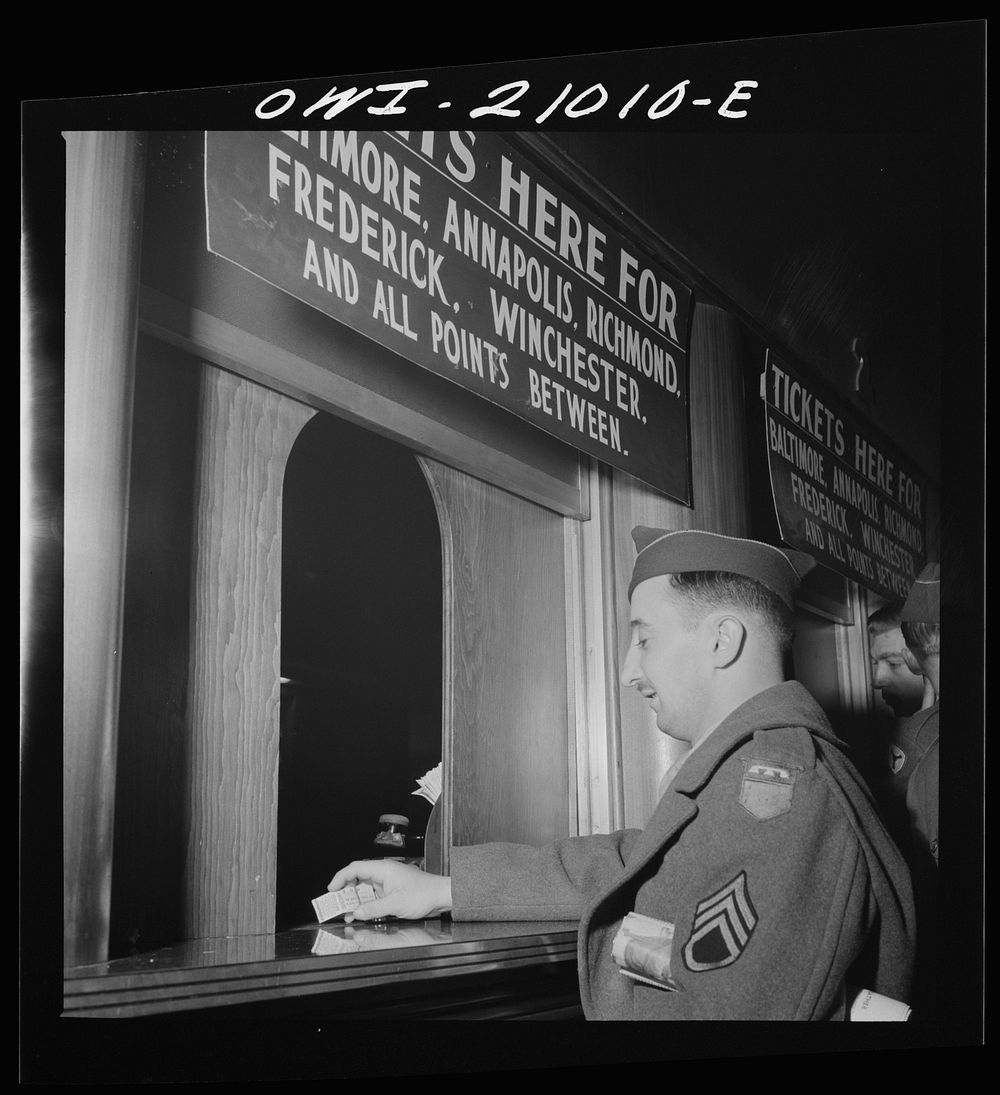 Washington, D.C. Soldier buying a ticket at the Greyhound bus depot. Sourced from the Library of Congress.