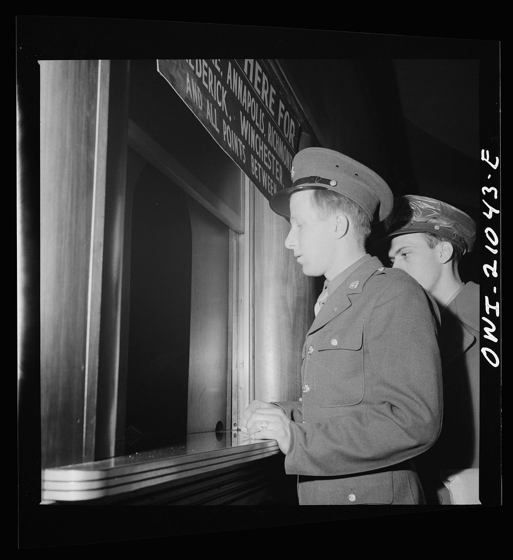[Untitled photo, possibly related to: Washington, D.C. Soldier buying a ticket at the Greyhound bus depot]. Sourced from the…