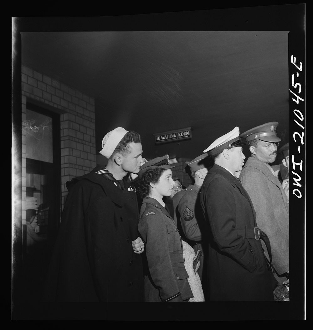 Washington, D.C. Boarding a special bus for servicemen. Leaving the Greyhound terminal on Sunday night. Sourced from the…