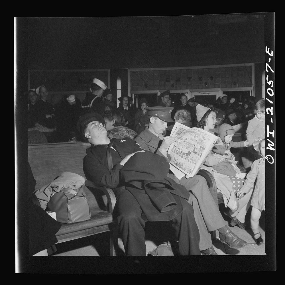 Washington, D.C. Soldier and sailor waiting at the Greyhound bus terminal. Sourced from the Library of Congress.
