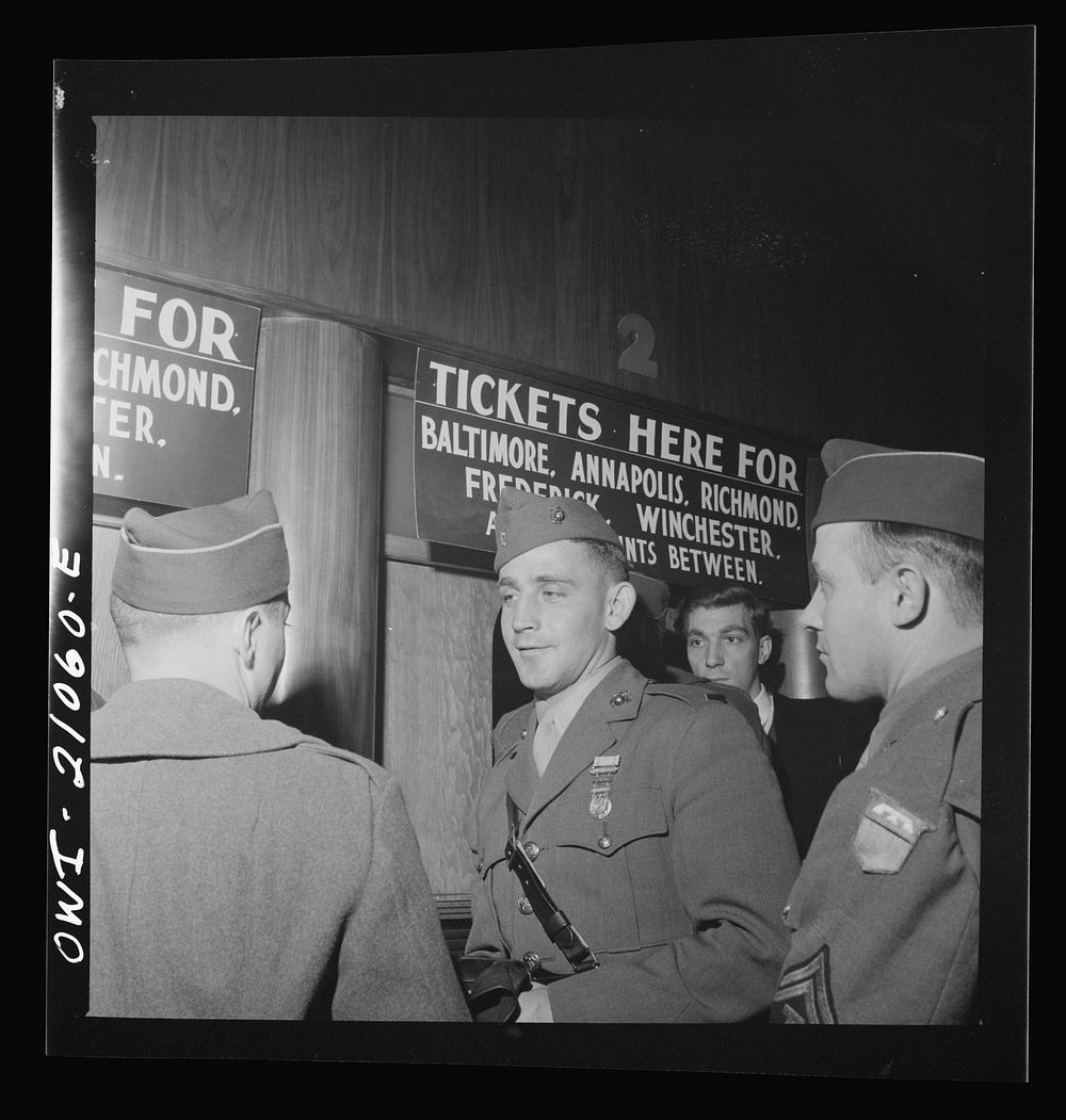 Washington, D.C. Soldier buying a ticket at the Greyhound bus depot. Sourced from the Library of Congress.