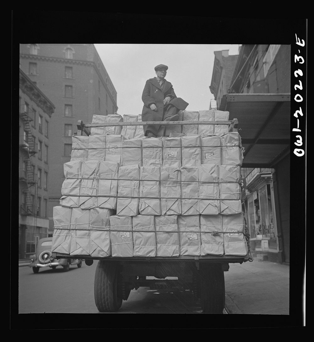 New York, New York. A truckload of sanitary paper cups on Washington Street. Sourced from the Library of Congress.