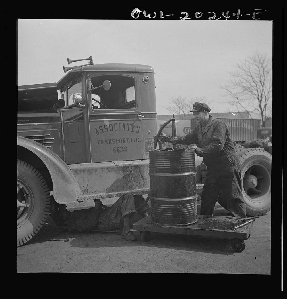 Baltimore, Maryland. A lubricating truck at the terminal of the Associated Transport Company. Sourced from the Library of…