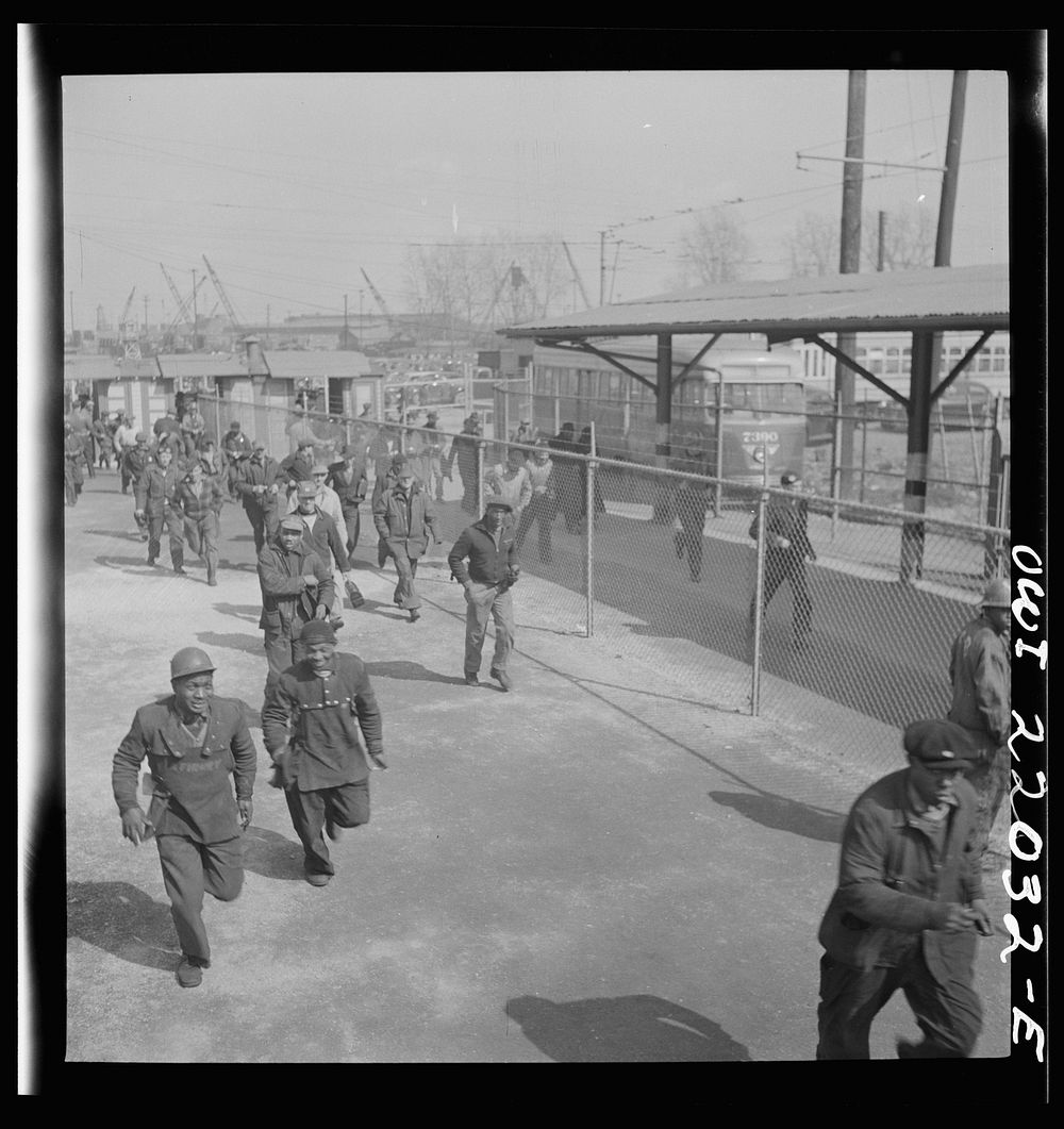 [Untitled photo, possibly related to: Baltimore, Maryland. Workers on the second shift who leave the Bethlehem Fairfield…