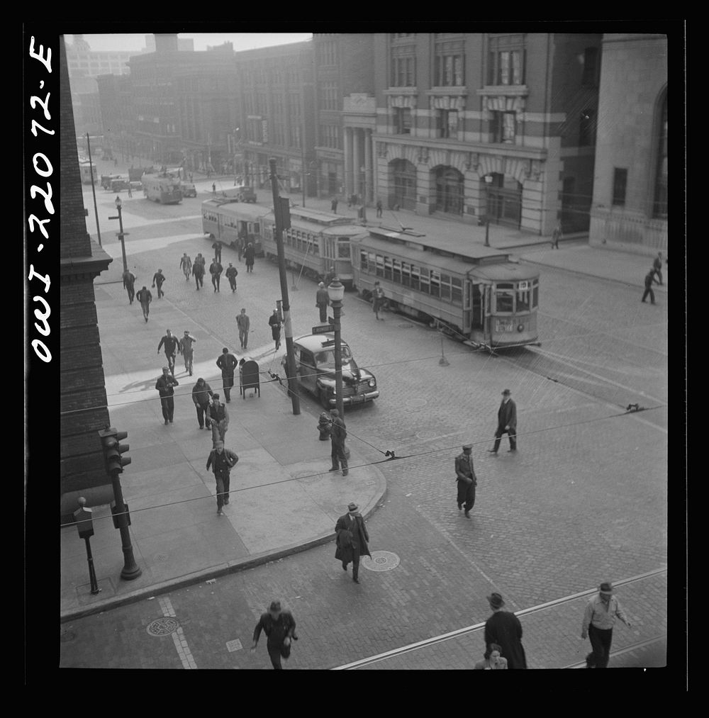 [Untitled photo, possibly related to: Baltimore, Maryland. Continuous stream of trolleys carrying workers from the Bethlehem…