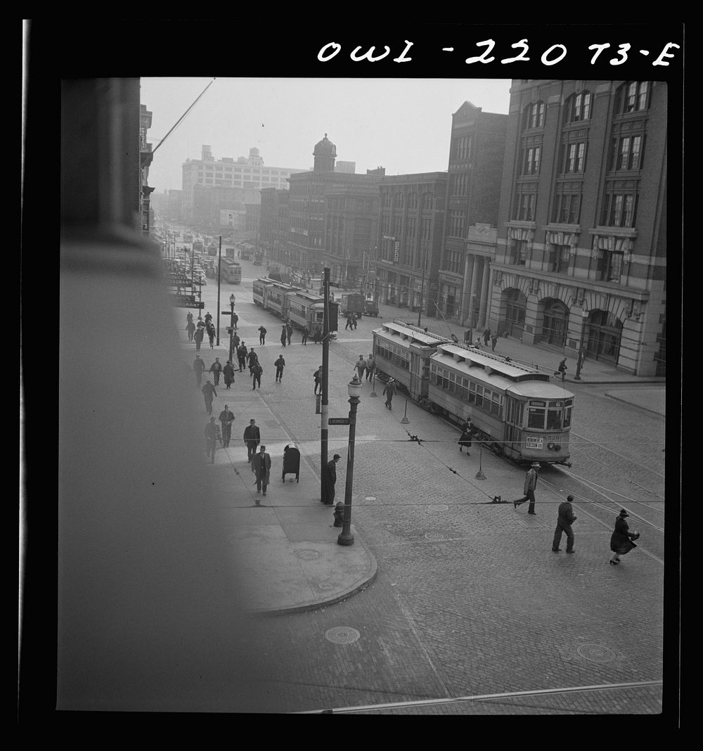 [Untitled photo, possibly related to: Baltimore, Maryland. Continuous stream of trolleys carrying workers from the Bethlehem…