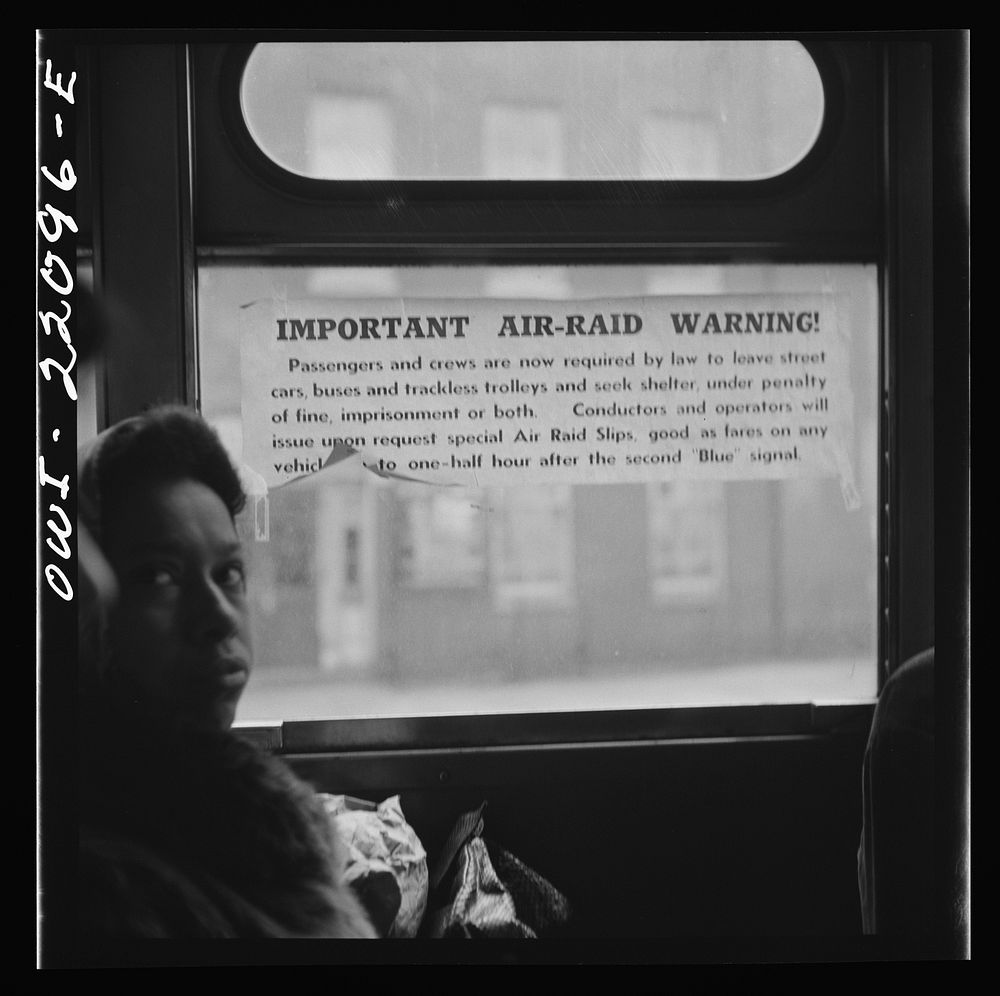 [Untitled photo, possibly related to: Baltimore, Maryland. Air raid notice on a bus window]. Sourced from the Library of…