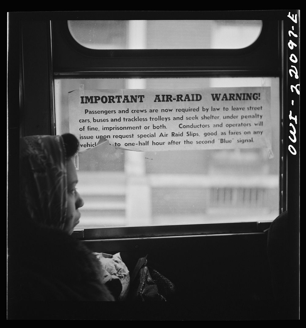 Baltimore, Maryland. Air raid notice on a bus window. Sourced from the Library of Congress.