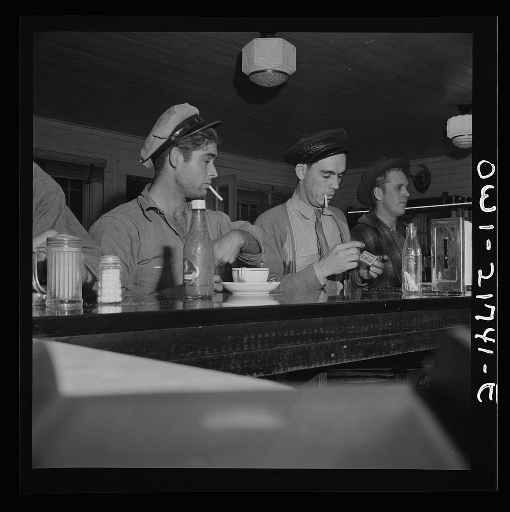 Pearlington (vicinity), Mississippi. Truck drivers at a highway coffee stop on U.S. Highway 90. Sourced from the Library of…