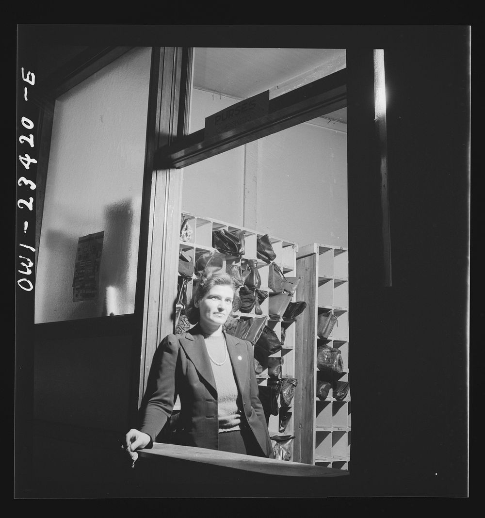 [Untitled photo, possibly related to: Buffalo, New York. Purse checkroom at the swingshift dance held weekly from midnight…