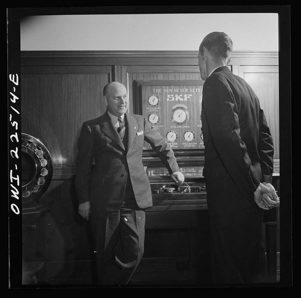 [Untitled photo, possibly related to: Philadelphia, Pennsylvania. Swedish-American executive at the SKF roller bearing…