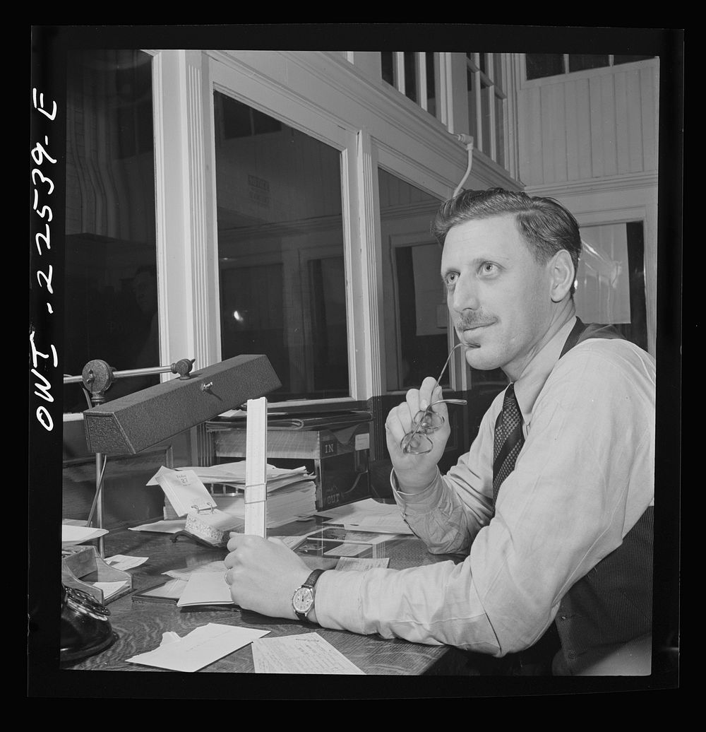 [Untitled photo, possibly related to: Philadelphia, Pennsylvania. Swedish-American foreman at the SKF roller bearing…