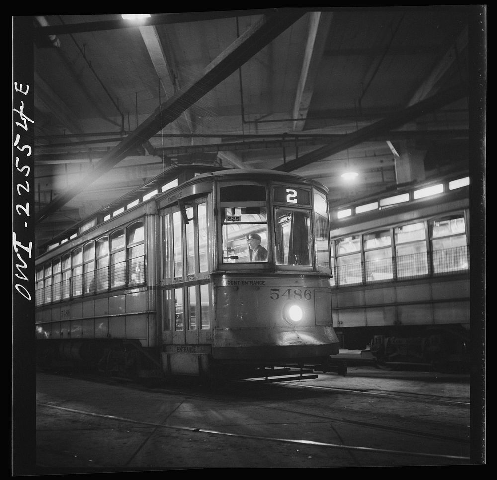 Baltimore, Maryland. Trolleys inside the Park terminal at night. Sourced from the Library of Congress.
