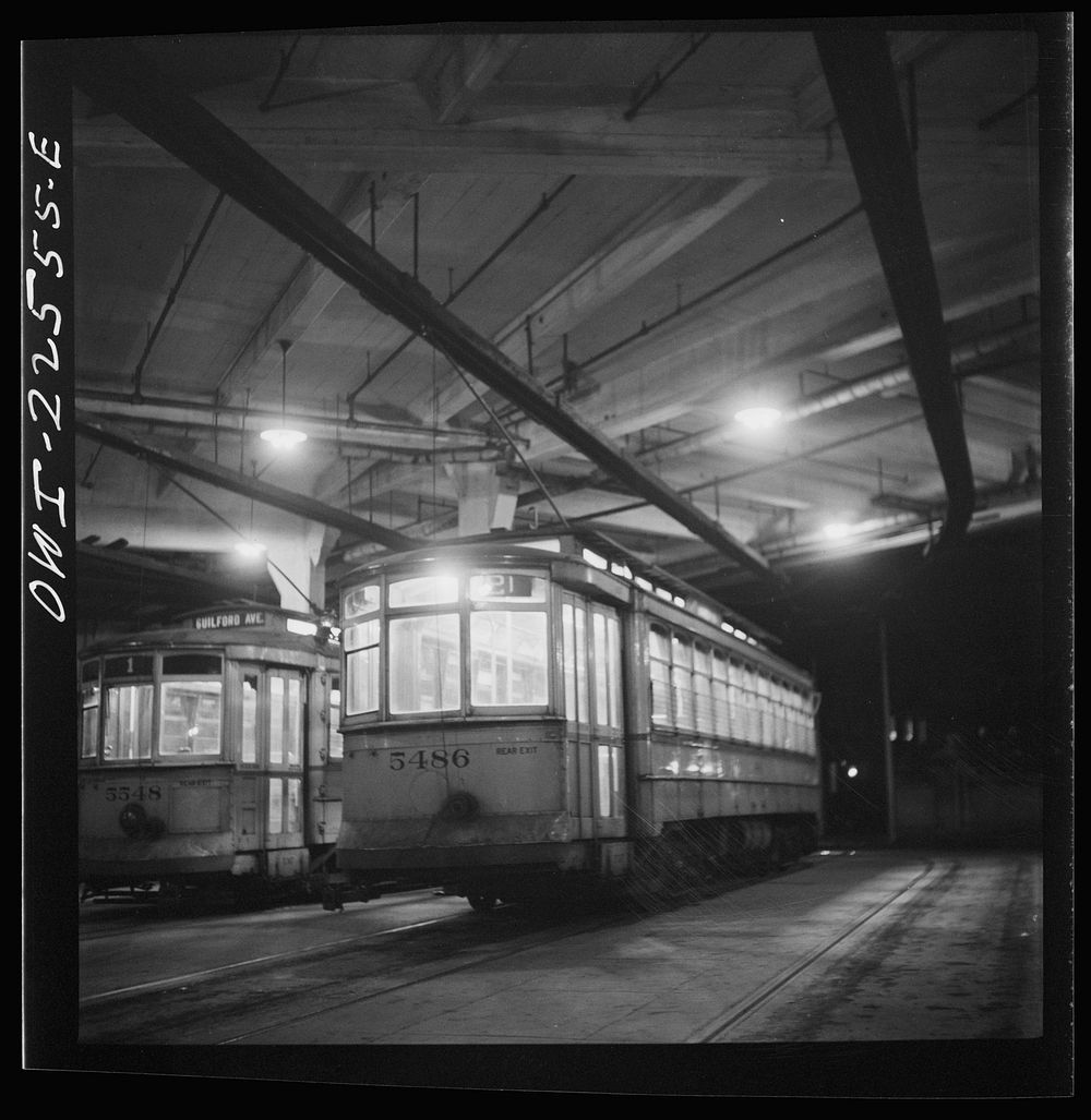Baltimore, Maryland. Trolleys inside the Park terminal. Sourced from the Library of Congress.