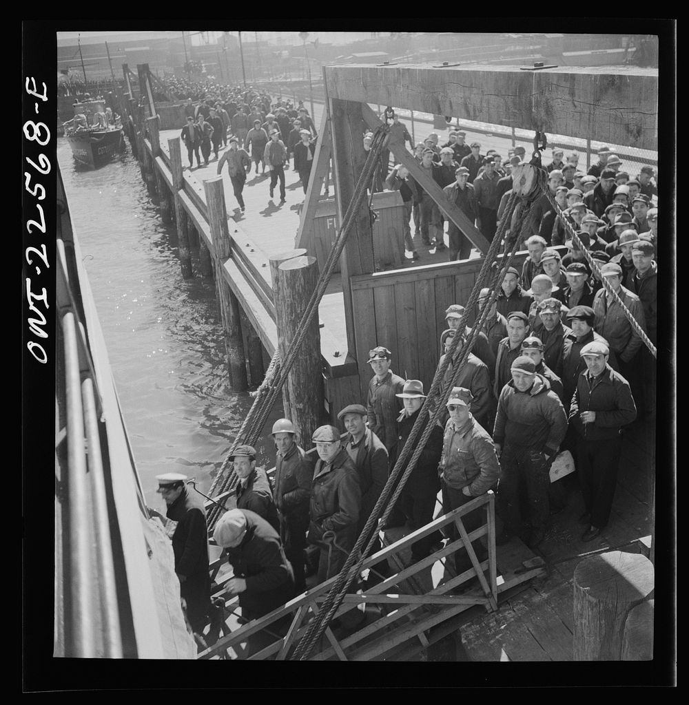 Baltimore, Maryland. Bethlehem Fairfield shipyard workers boarding a former Wilson Line pleasure boat, now used for workers'…