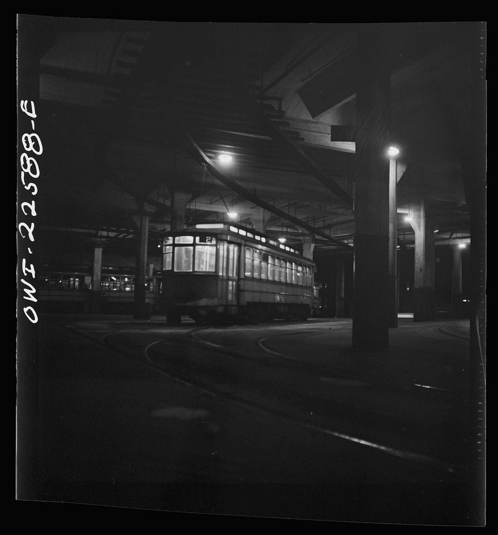 Baltimore, Maryland. Trolleys in the Park terminal at night. Sourced from the Library of Congress.