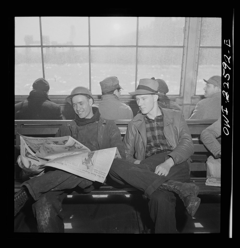 Baltimore, Maryland. Boarding a former Wilson Line boat, now used for workers' transportation. Eighteen hundred men crowd…