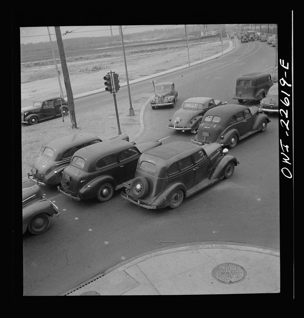 Baltimore, Maryland. Traffic jam on the road from the Bethlehem Fairfield shipyard to Baltimore as the second shift of…