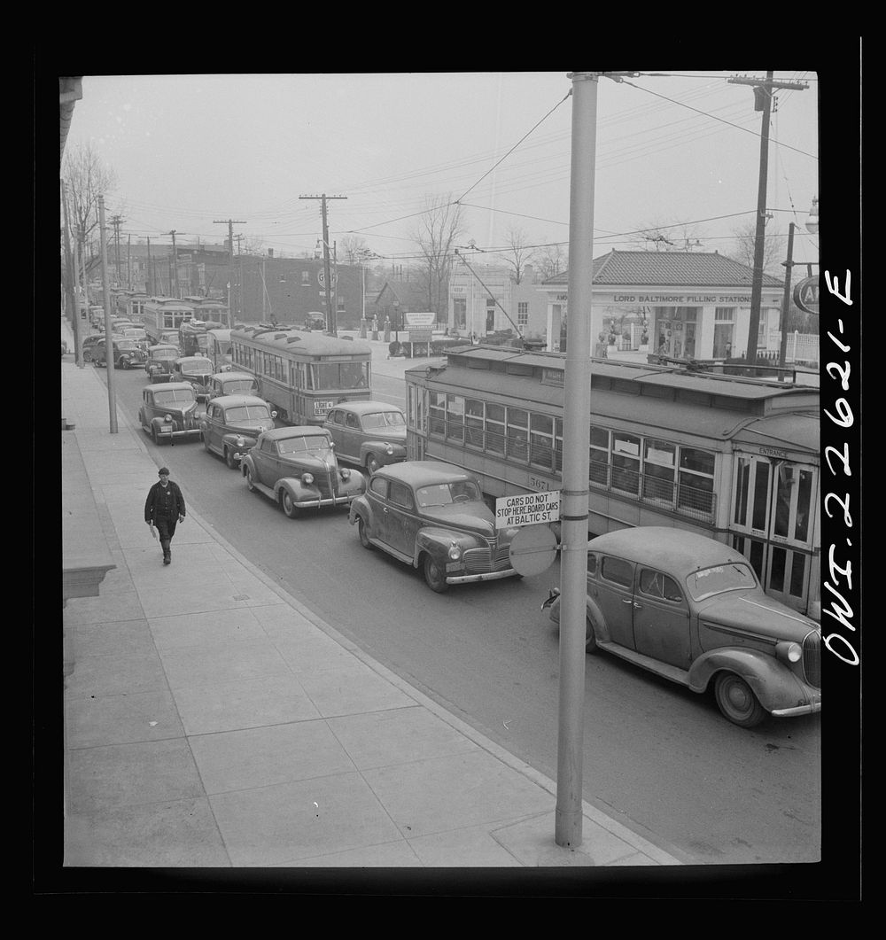 Baltimore, Maryland. Traffic jam on the road from the Bethlehem Fairfield shipyard to Baltimore as the second shift of…