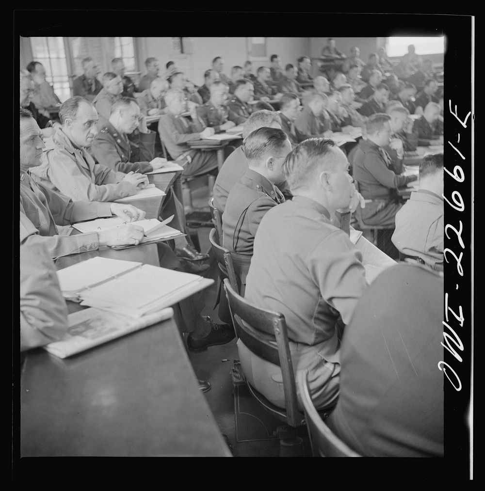 Charlottesville, Virginia. Officers attending a lecture in the School of Military Government at the University of Virginia.…