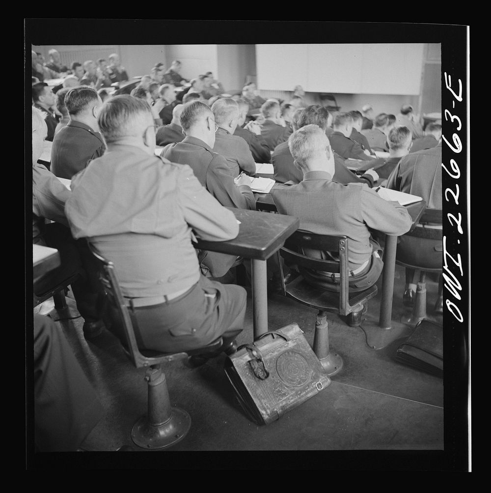 Charlottesville, Virginia. Officers listening to a lecture in the School of Military Government at the University of…