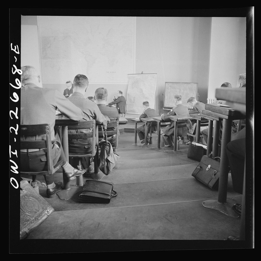 Charlottesville, Virginia. Officers attending a lecture in the School of Military Government at the University of Virginia.…