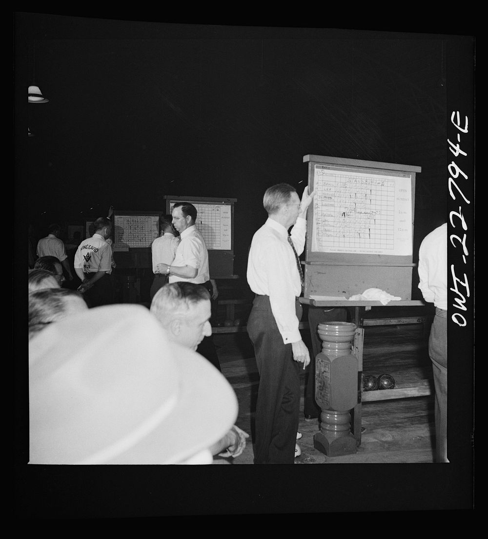 [Untitled photo, possibly related to: Washington, D.C. Scorekeeper at a bowling alley]. Sourced from the Library of Congress.